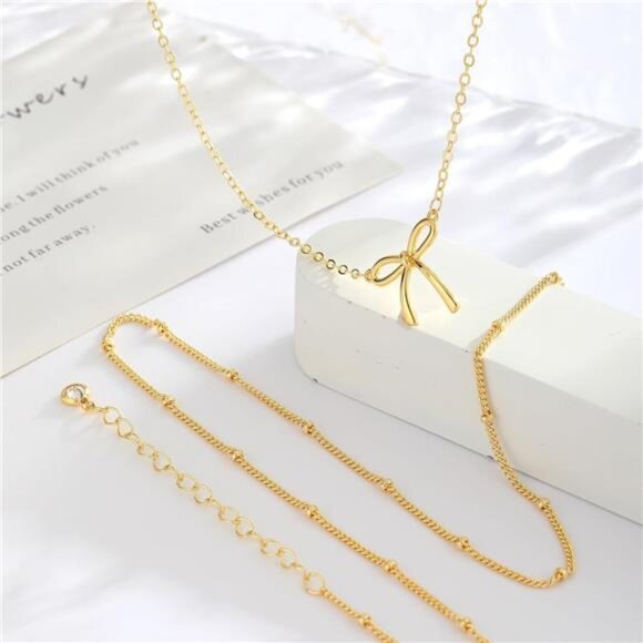 Gold Necklace for Women Bow Necklace 14K Dainty Layered Gold Necklace - Picture 6 of 8